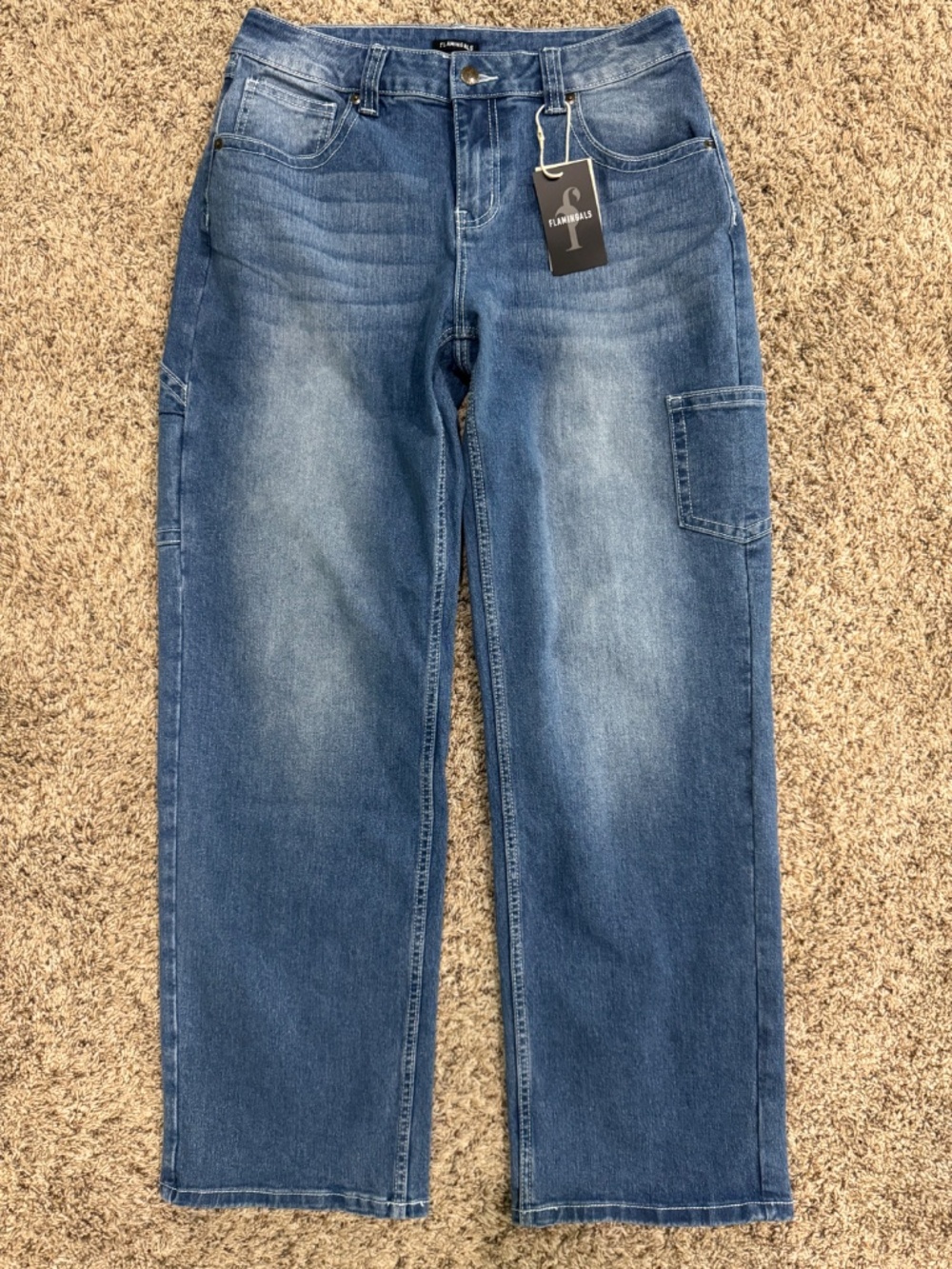 Flamingals Multi Pocket Mid Rise Straight Leg Cargo Jeans Large NEW WITH TAGS